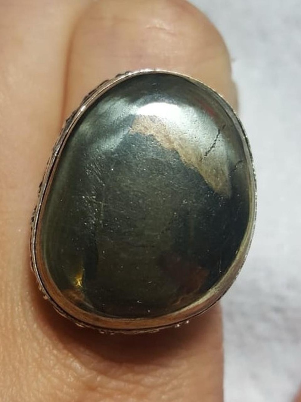 Stanley 925 Silver Ring with Dark Green Golden Pyrite Ring Oval